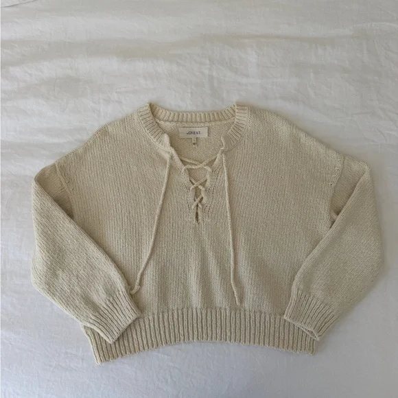 THE GREAT. Cream Lace-Up Knit Sweater - Picture 2 of 3